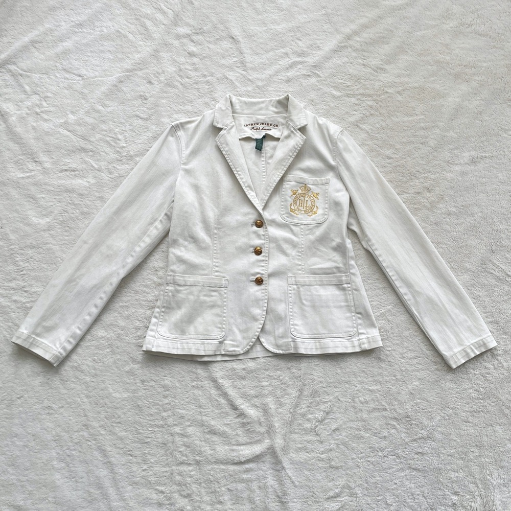 Ralph Lauren Jeans Co White Denim Blazer Jacket Emblem Crest Gold Buttons Size M
